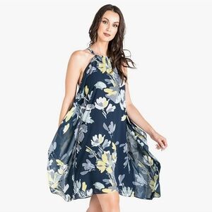NWT Standards & Practices Navy Floral Trapeze Chiffon Dress Choker Tie Neck XL